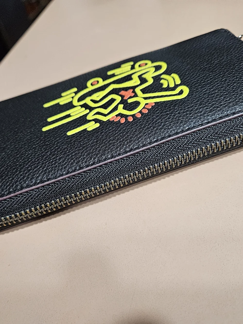 Authentic Coach X Keith Haring Black Pebbled Leather Zip-Around Long Wallet